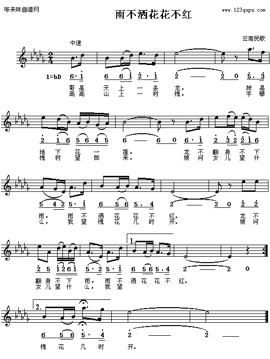 歌曲雨不洒花花不红-云南民歌的简谱歌谱下载