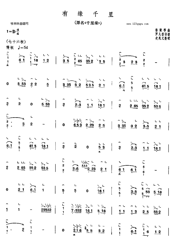 歌曲有缘千里(原名《千里缘》)-客家筝曲的简谱歌谱下载