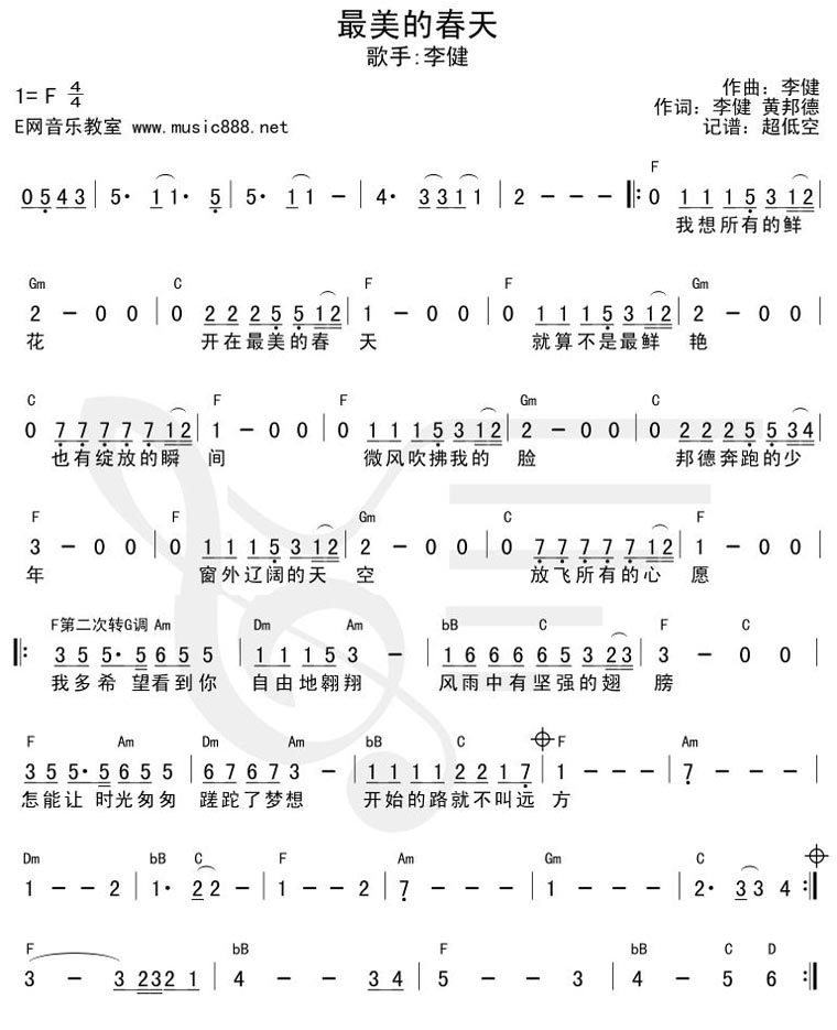 歌曲最美的春天(简谱+和弦)的简谱歌谱下载