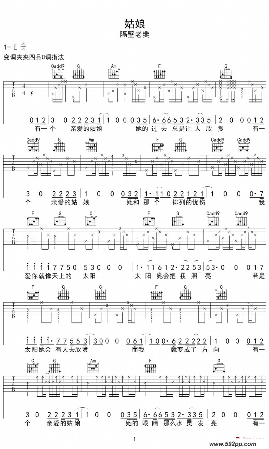 歌曲姑娘的简谱歌谱下载