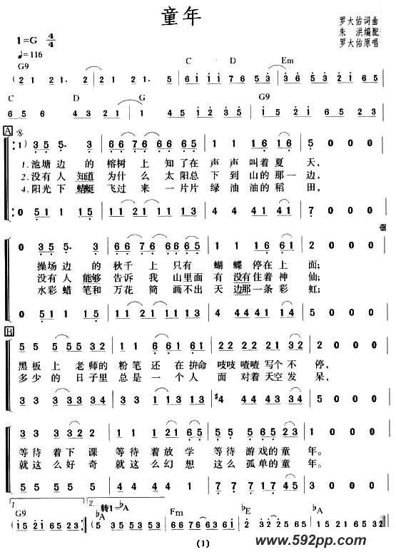 歌曲童年的简谱歌谱下载
