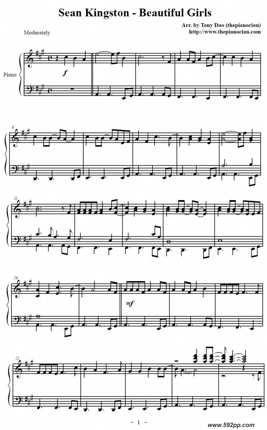 歌曲sean kingston - beautiful girls的简谱歌谱下载