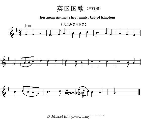 歌曲各国国歌主旋律:英国的简谱歌谱下载