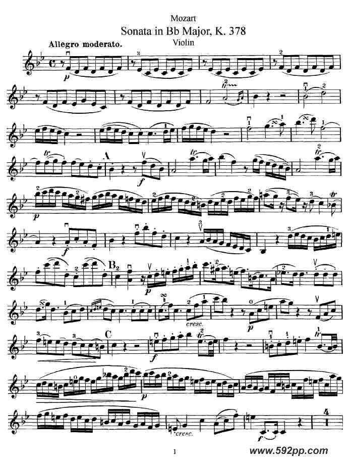 歌曲莫扎特小提琴奏鸣曲降B大调的简谱歌谱下载