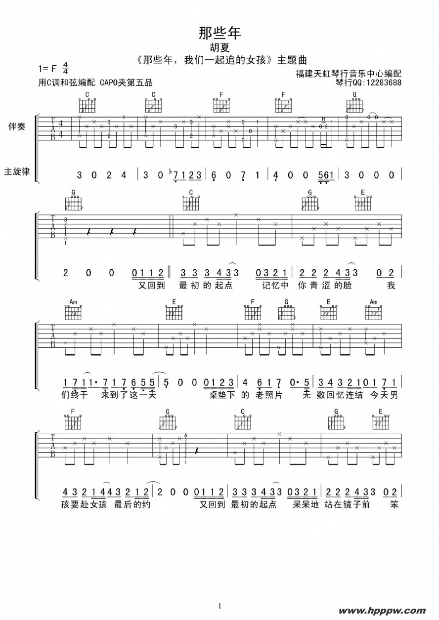 歌曲那些年(电影《那些年我们一起追的女孩》主题曲))(天虹琴行编配版)的简谱歌谱下载