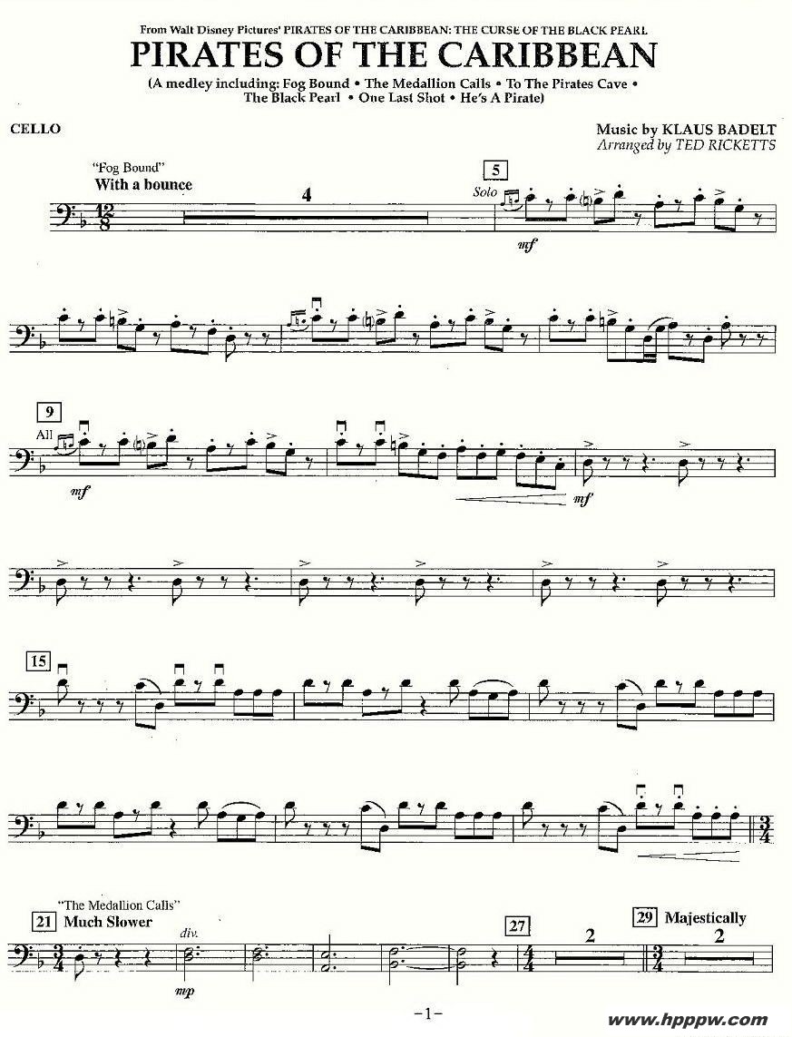 歌曲pirates of the carribean cello的简谱歌谱下载