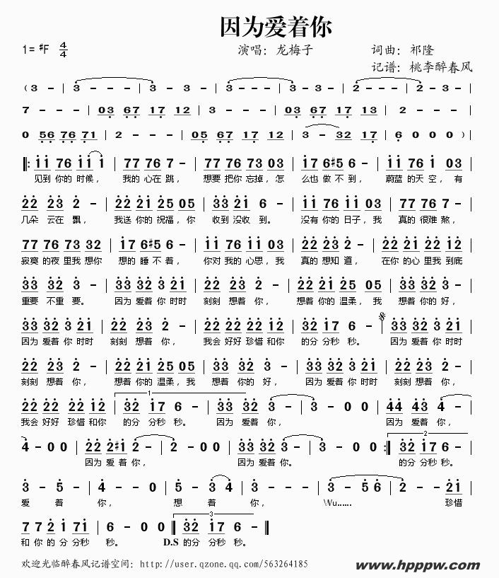 歌曲因为爱着你的简谱歌谱下载