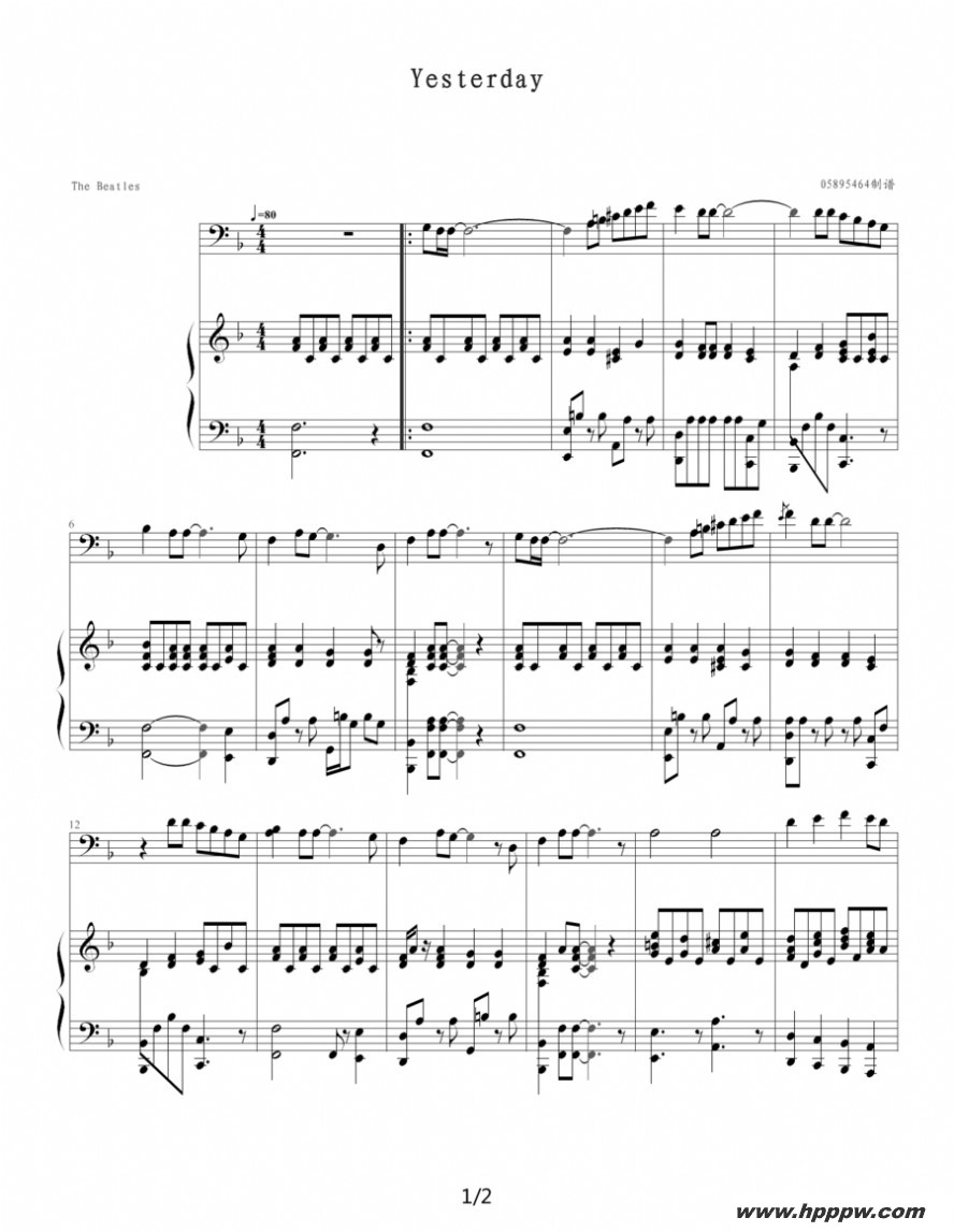 歌曲yesterday的简谱歌谱下载