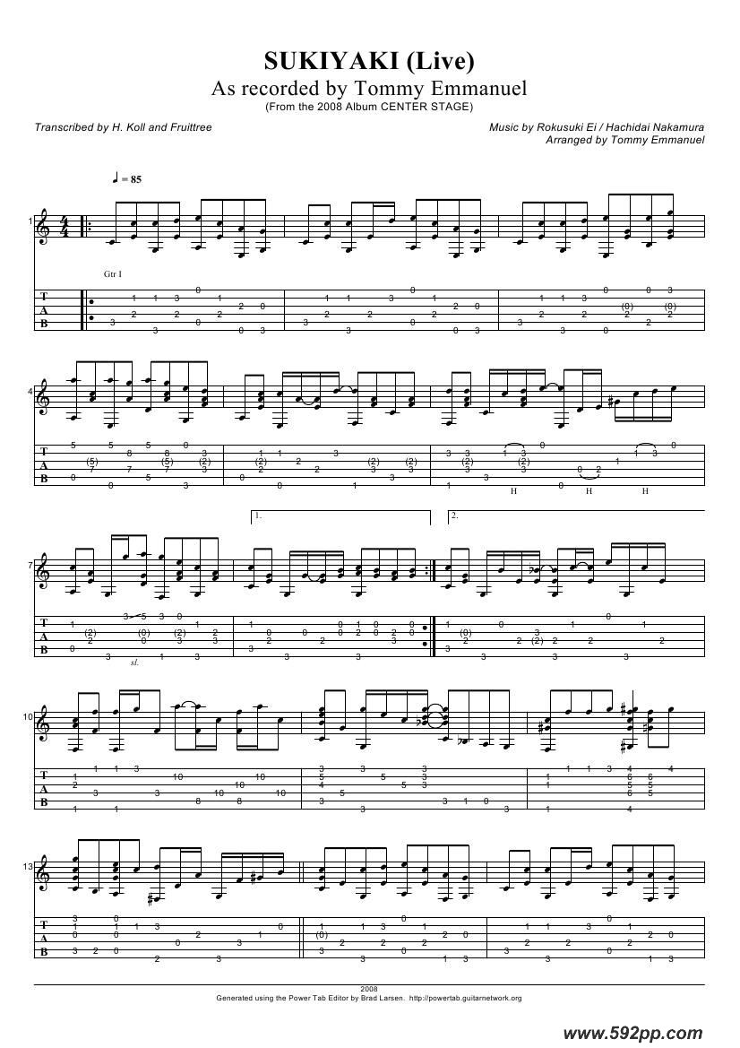 歌曲tommy emmanuel:sukiyaki的简谱歌谱下载