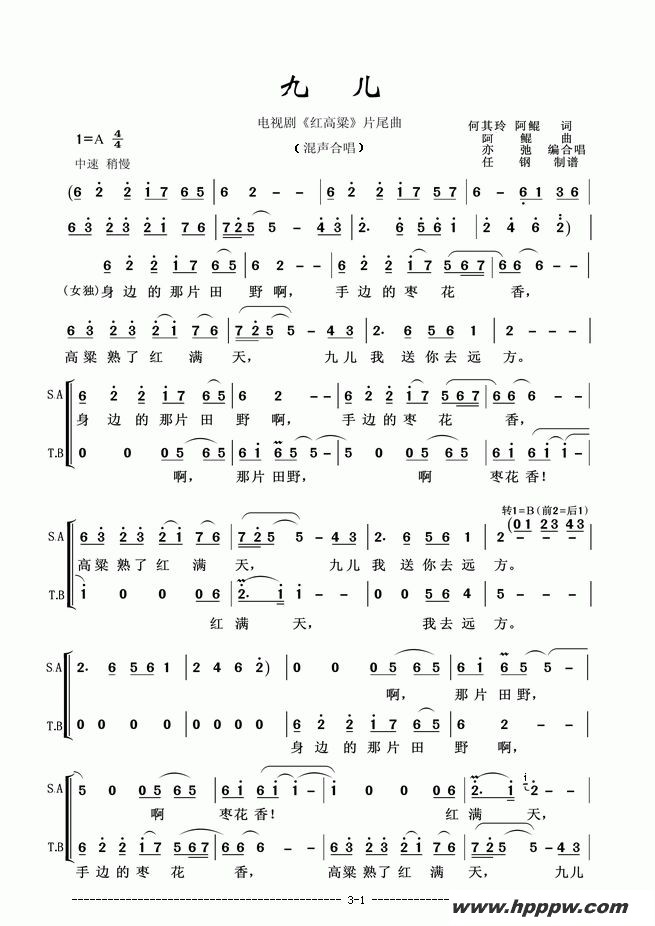 歌曲九儿(亦弛改编)的简谱歌谱下载