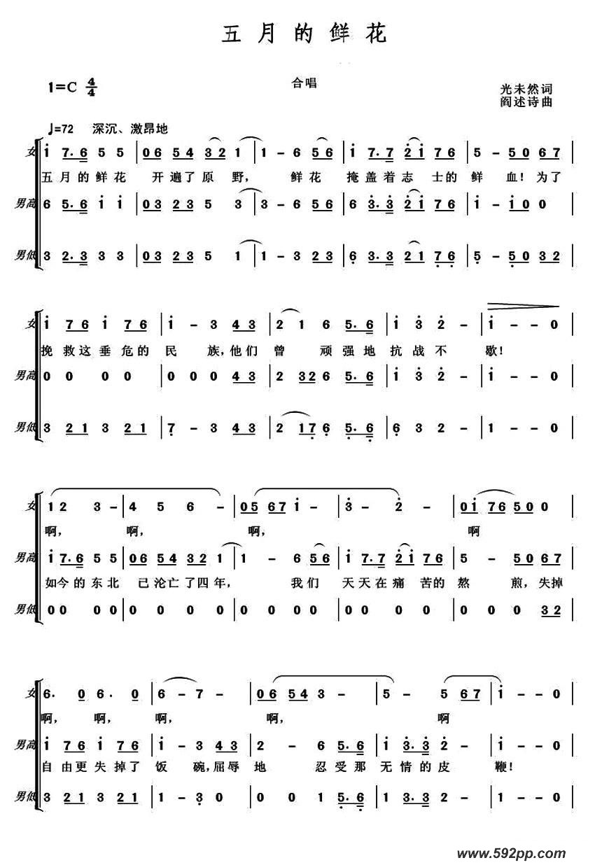 歌曲五月的鲜花的简谱歌谱下载