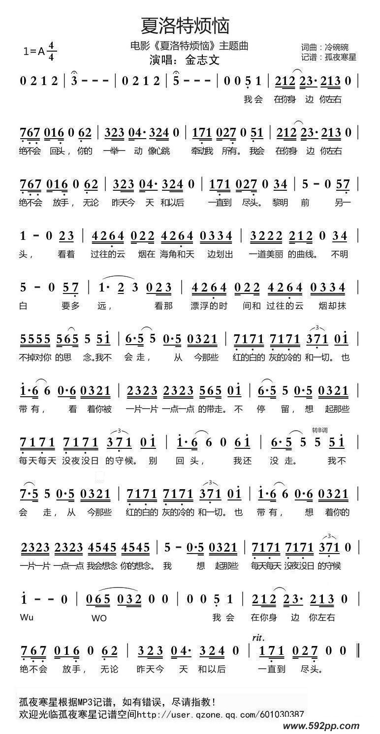 歌曲夏洛特烦恼(电影《夏洛特烦恼》主题曲)的简谱歌谱下载