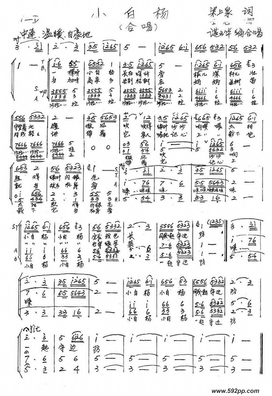 歌曲小白杨的简谱歌谱下载