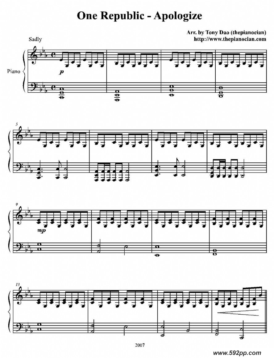 歌曲one republic - apologize的简谱歌谱下载