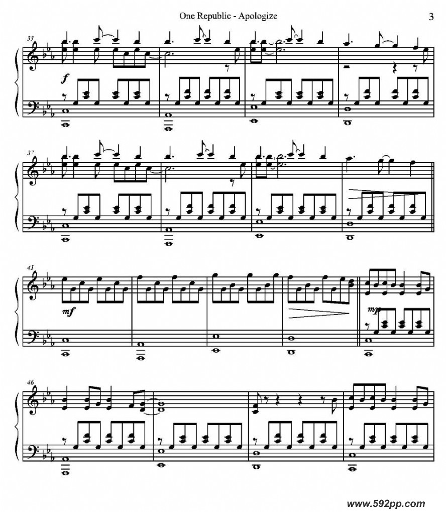 歌曲one republic - apologize的简谱歌谱下载