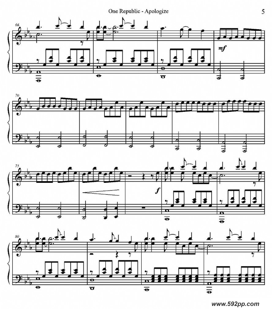 歌曲one republic - apologize的简谱歌谱下载