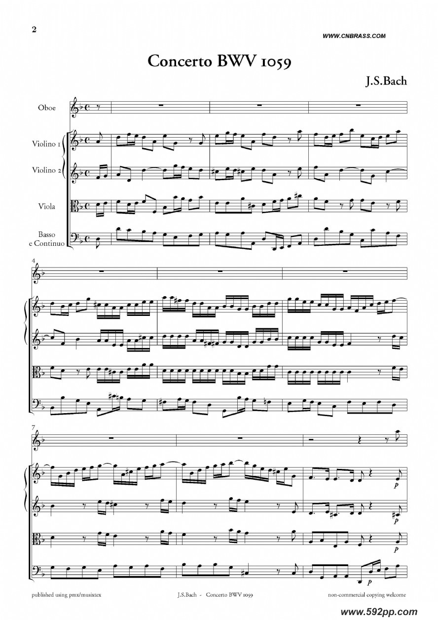 歌曲concerto bwv 1059的简谱歌谱下载