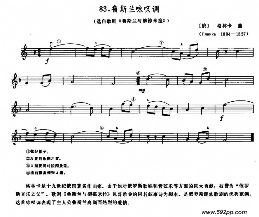 歌曲学琴之路练习曲83、鲁斯兰咏叹调的简谱歌谱下载