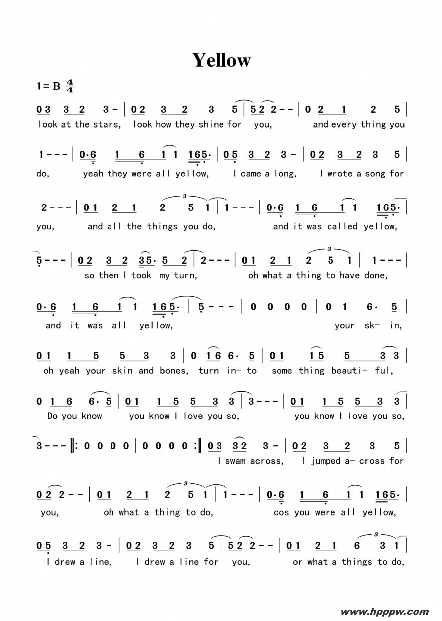 歌曲yellow的简谱歌谱下载
