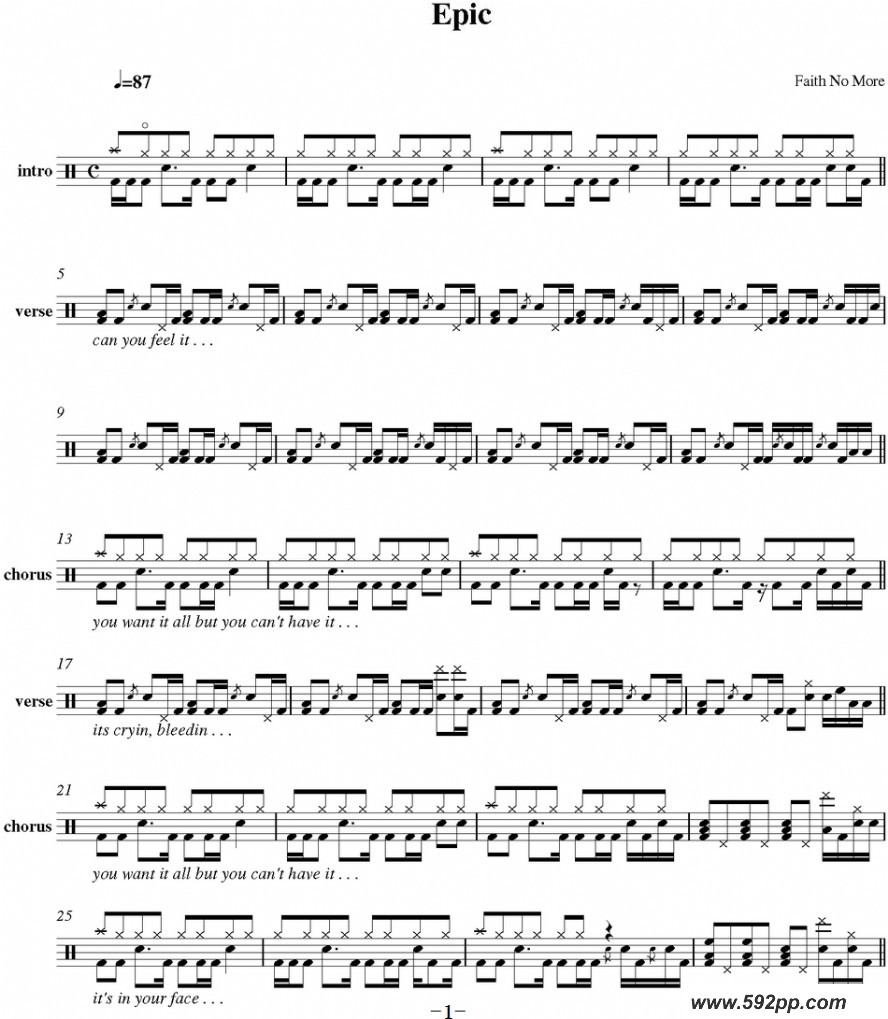歌曲爵士鼓谱:faith no more - epic的简谱歌谱下载