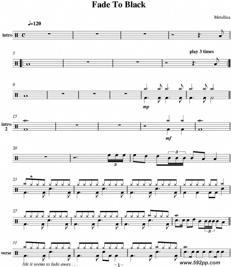 歌曲爵士鼓谱:metallica-fade to black的简谱歌谱下载