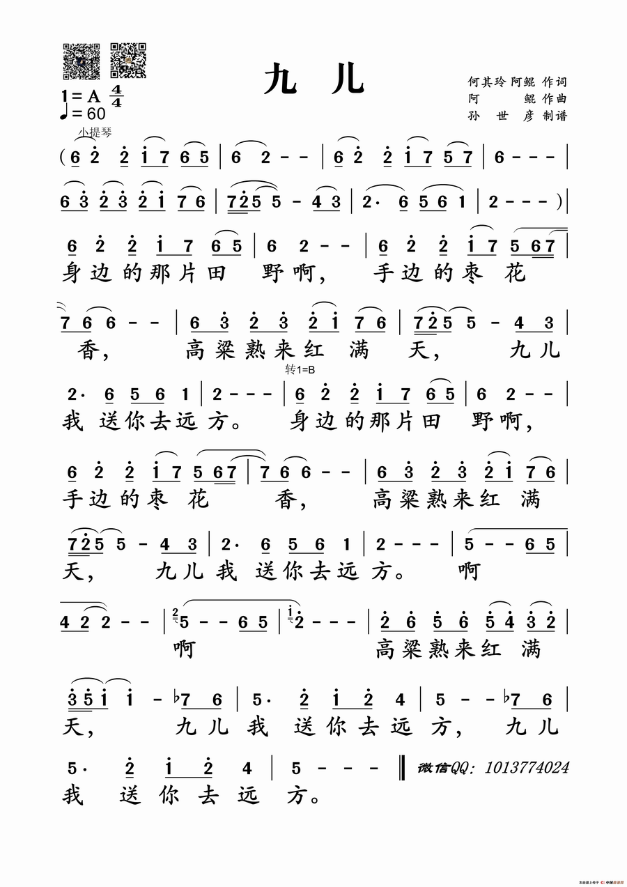 歌曲九儿的简谱歌谱下载