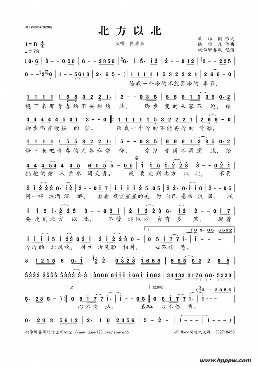 歌曲北方以北 的简谱歌谱下载