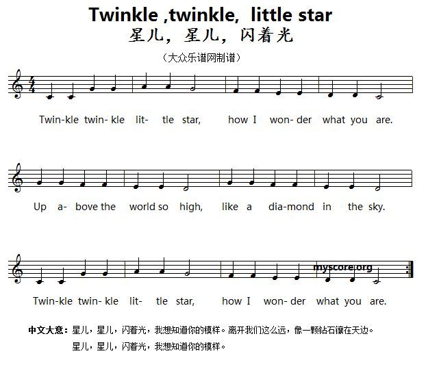歌曲英文儿歌:Twinkle,twinkle,little star的简谱歌谱下载