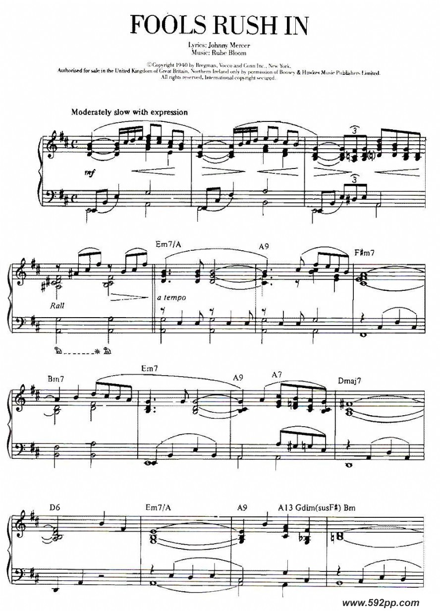 歌曲100首欧美流行歌曲钢琴独奏:fools rushin的简谱歌谱下载
