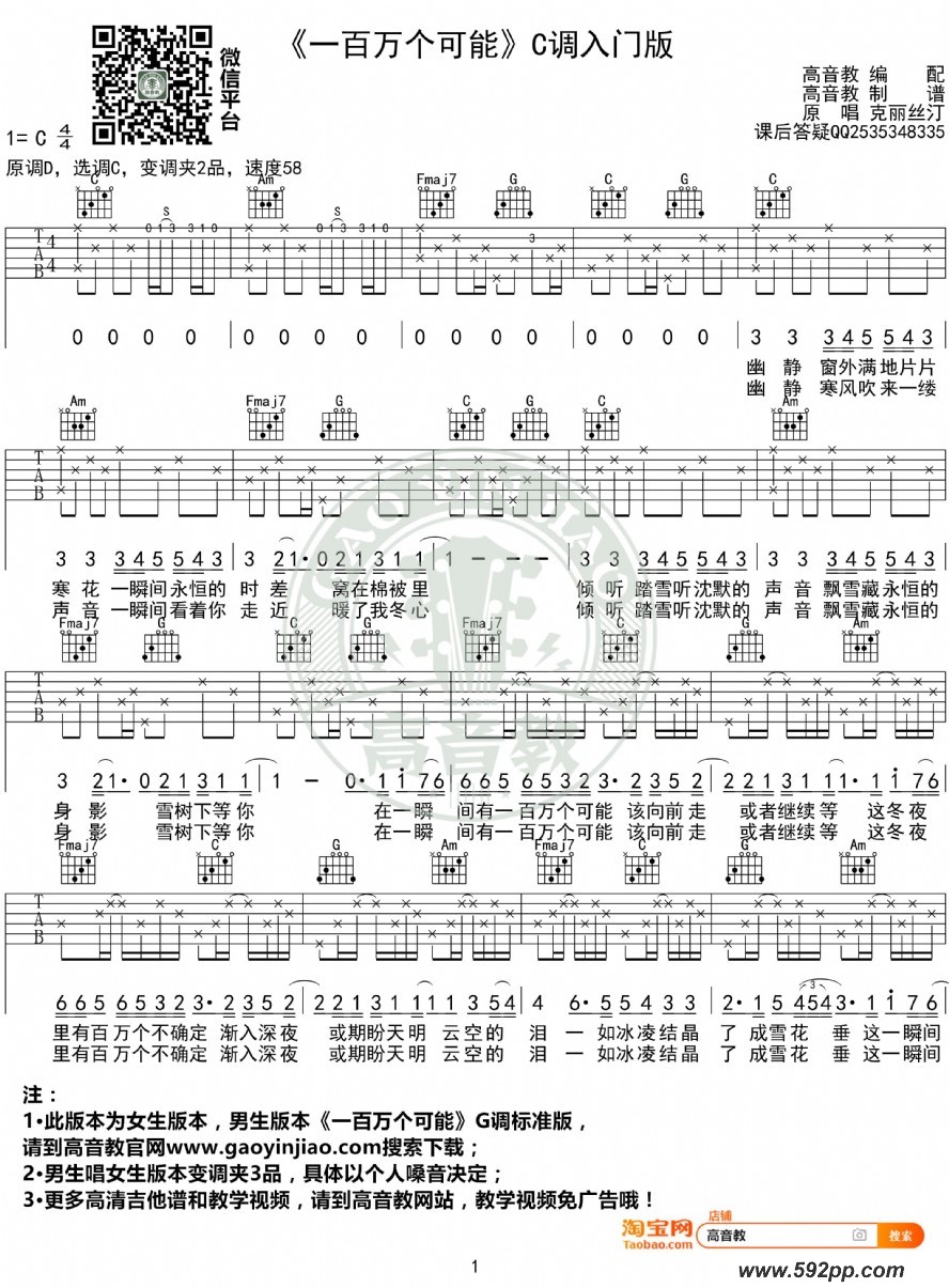 歌曲一百万个可能的简谱歌谱下载