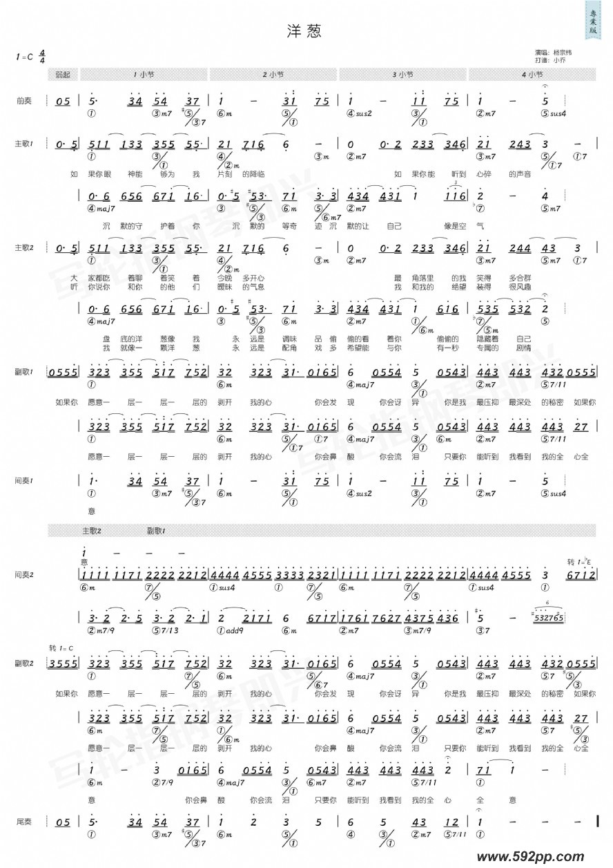 歌曲洋葱的简谱歌谱下载