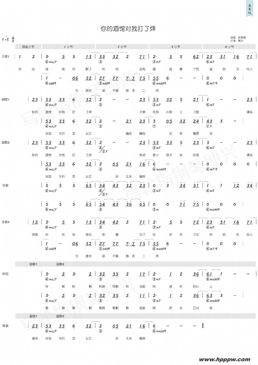 歌曲你的酒馆对我打了烊的简谱歌谱下载