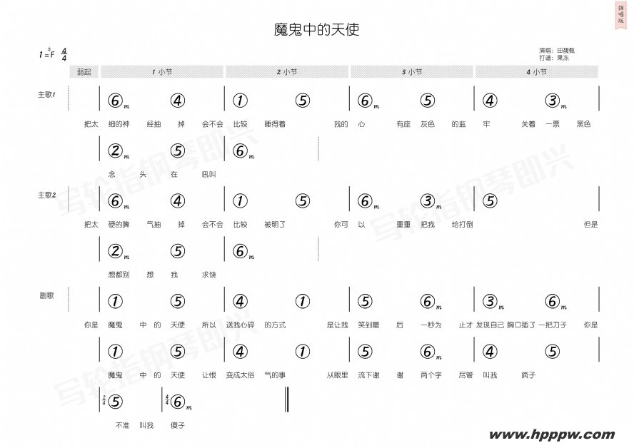 歌曲魔鬼中的天使的简谱歌谱下载